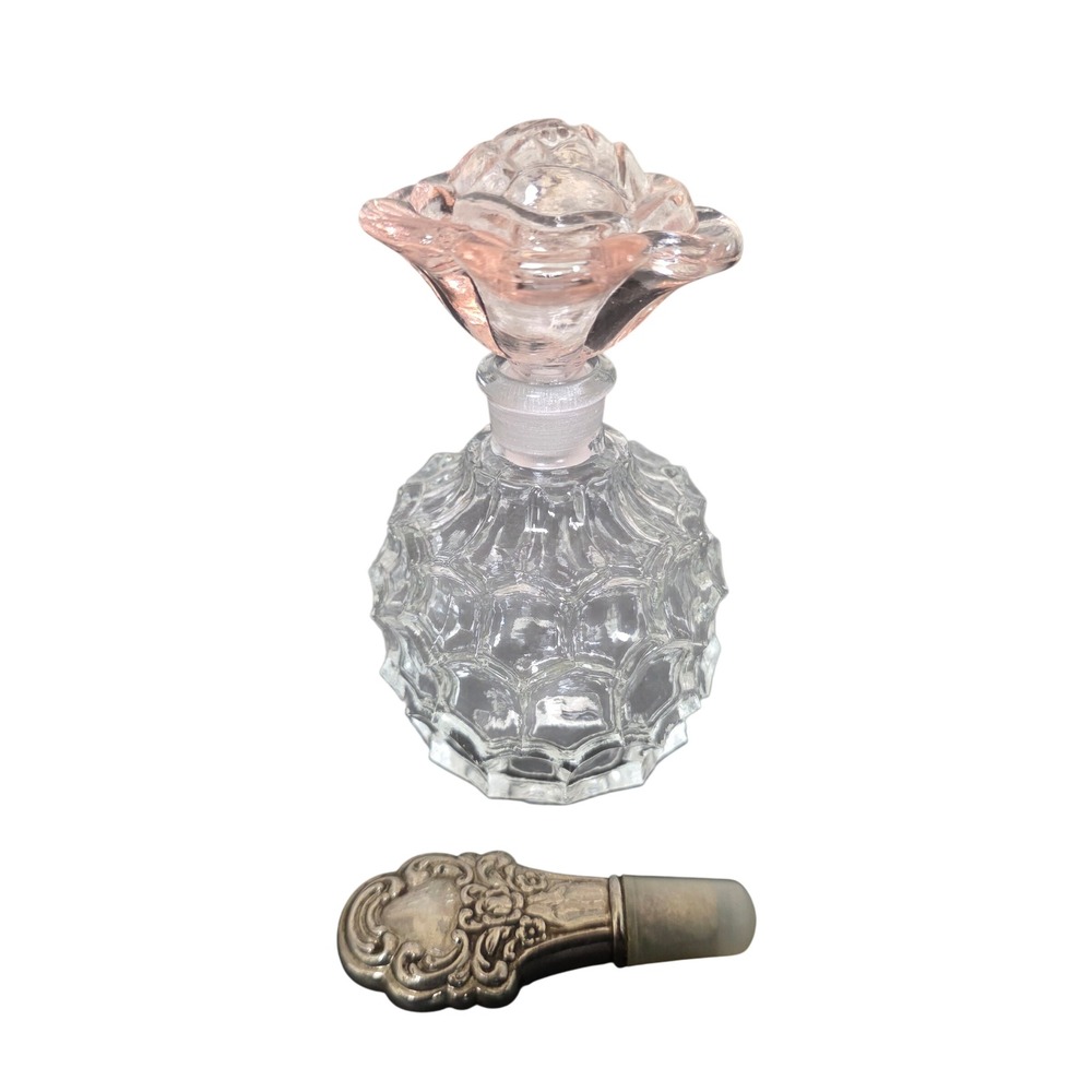 Irice Vintage Glass Perfume Bottle Pink Rose Stopper Extra Silver Dauber Decor - Picture 1 of 12